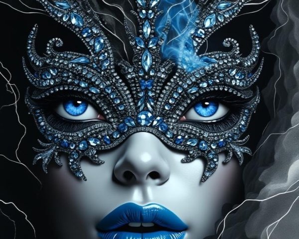 Portrait of a woman with jeweled mask and blue accents