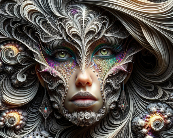 Intricate Face with Swirling Patterns and Fractal Designs