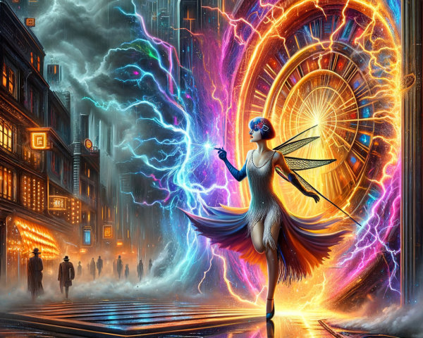 Futuristic City Scene with Portal and Neon Lights