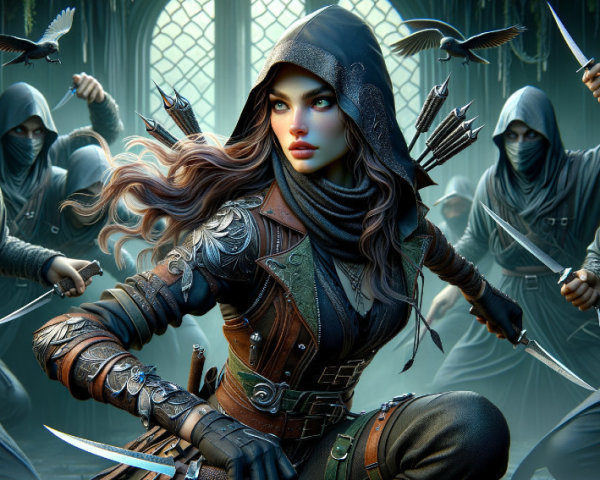 Female Warrior in Dark Outfit Surrounded by Shadows