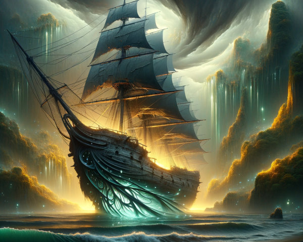 Majestic Sailing Ship Above Mystical Sea and Cliffs