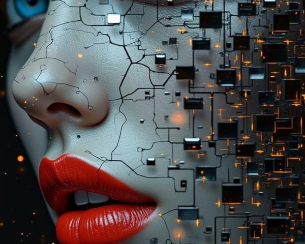 Striking Female Face with Metallic Skin and Geometric Shapes