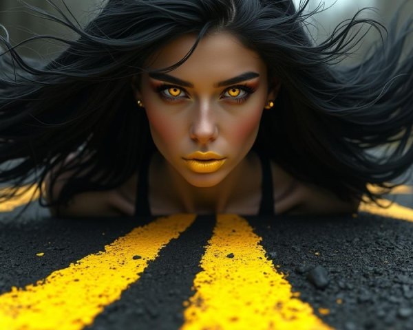 Young woman with black hair on deserted road scene