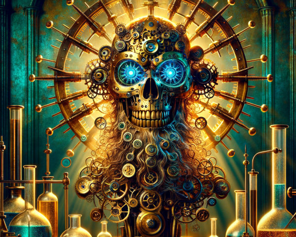 Mechanical Skull with Gears and Glowing Eyes