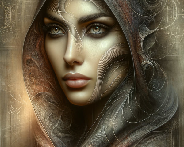 Portrait of a woman with intricate skin designs and hood