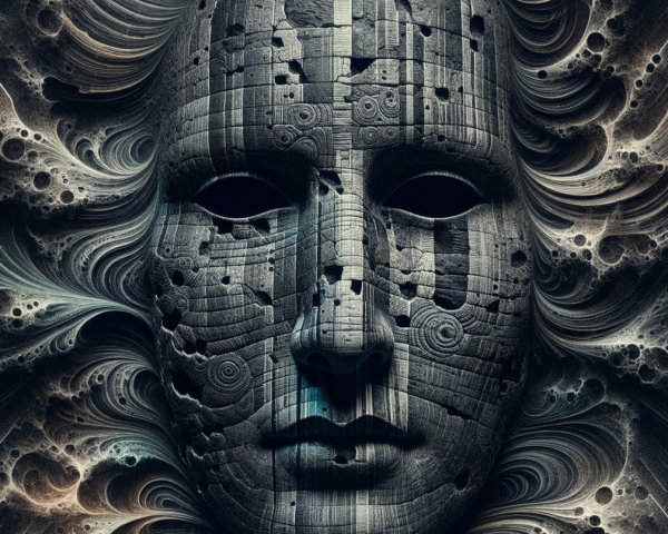 Stylized stone face within abstract textured swirls