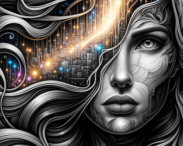 Black and White Artistic Portrait with Colorful Landscape