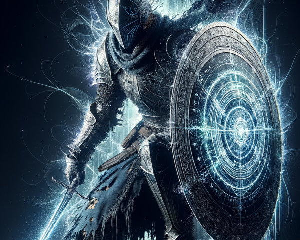 Mystical Knight in Ethereal Dark Environment with Sword
