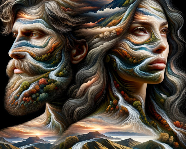 Merged Faces with Vibrant Landscapes and Nature Elements