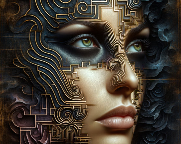 Surreal Portrait of Woman with Circuitry and Clouds