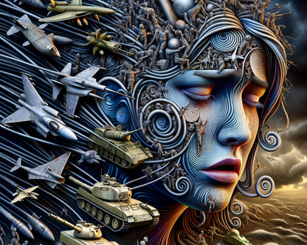 Surreal Human Face Amidst Turbulent Ocean and Conflict