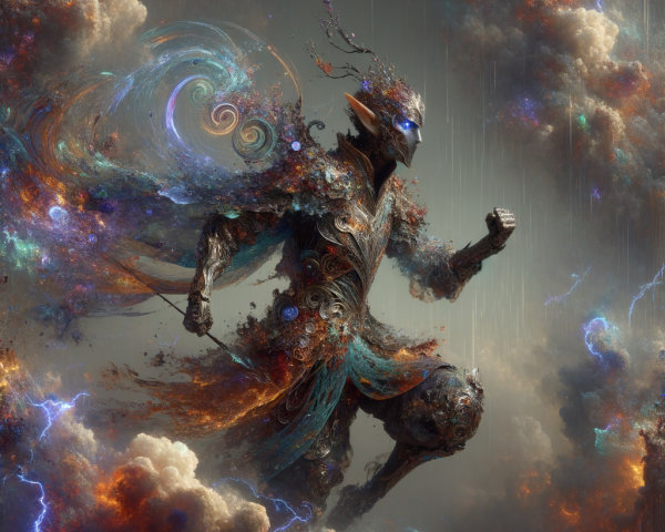 Dynamic Figure in Ethereal Armor Amidst Stormy Clouds