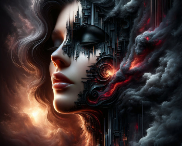 Surreal Portrait of Woman Merging with Cityscape