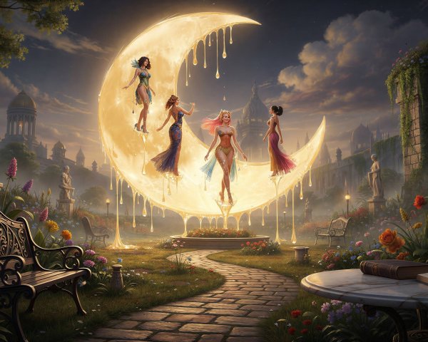 Crescent Moon with Golden Drips Over Twilight Garden