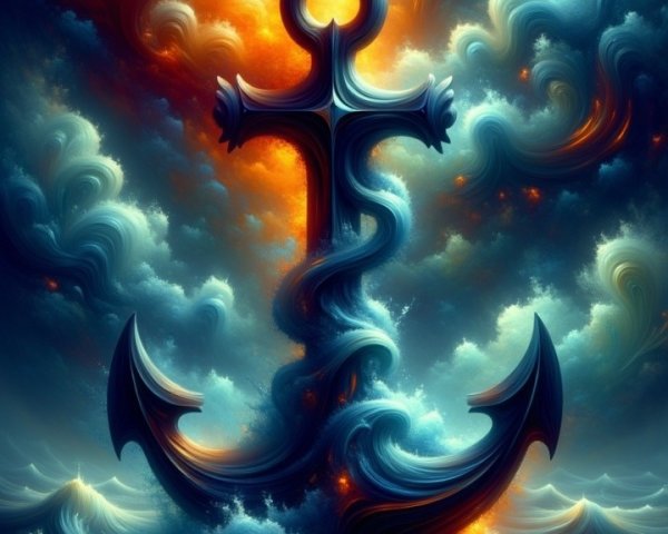 Vibrant Anchor Amidst Swirling Waves and Cosmic Sky