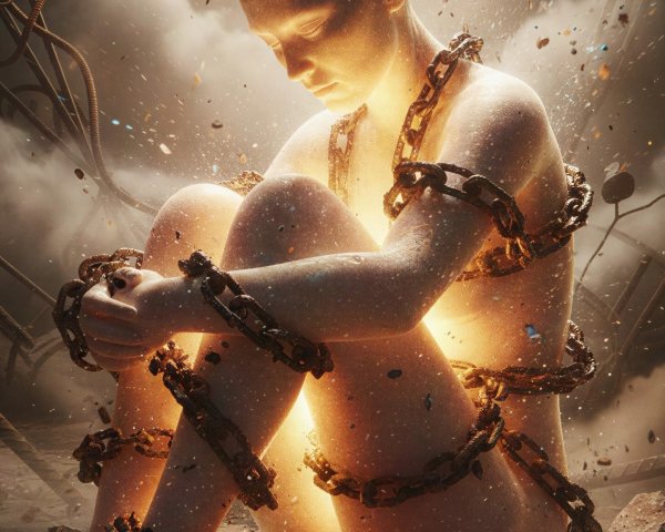 Glowing Figure Surrounded by Storm and Broken Chains