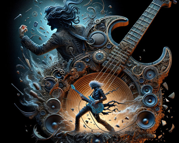 Surreal Composition with Electric Guitar and Sound Waves