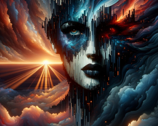 Surreal Landscape with Vibrant Cityscape and Face