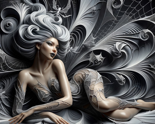 Surreal Figure with Silver Hair and Web Patterns