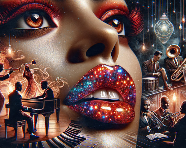Dramatic Woman's Face in Cosmic Jazz Scene Artwork