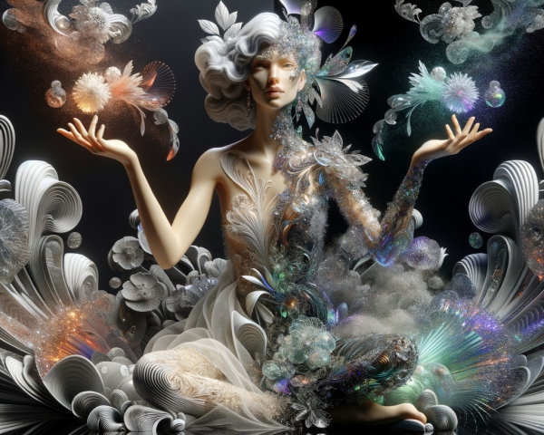 Surreal Ethereal Figure in Vibrant Floral Surroundings