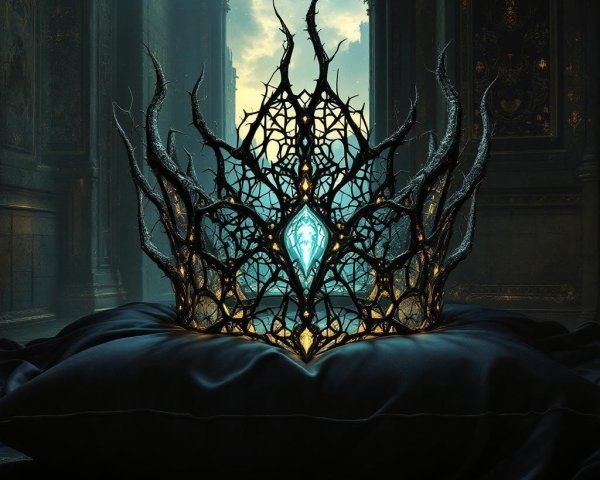 Intricate crown on dark pillow in mystical setting