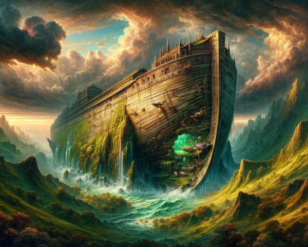 Ancient Ship Surrounded by Dramatic Mountain Landscapes