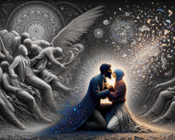 Couple in Light Amidst Struggles and Vibrant Colors