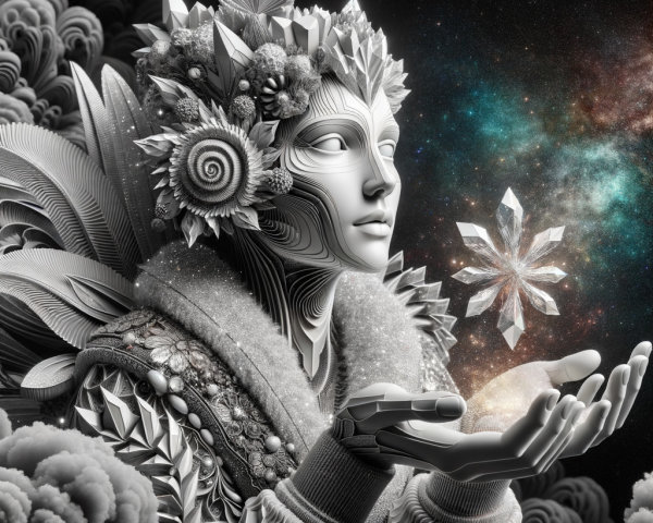 Futuristic Figure with Nature-Tech Design and Crystal