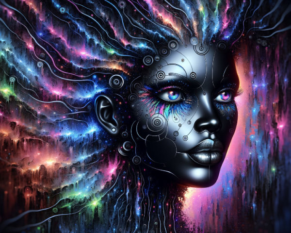 Futuristic Portrait of a Woman with Colorful Light Hair