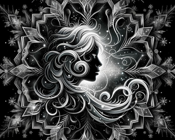 Black and white design of a woman's profile with patterns