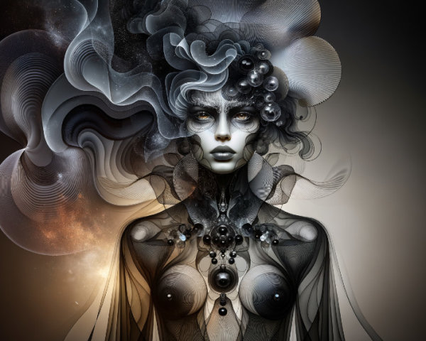 Surreal Figure with Ethereal Appearance and Cosmic Background