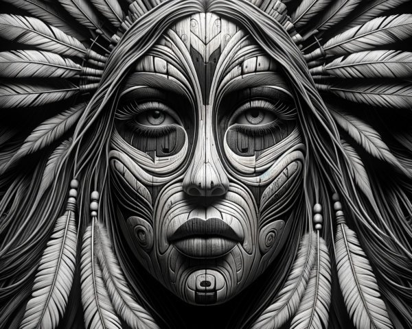 Black-and-white portrait of a woman with feather headdress