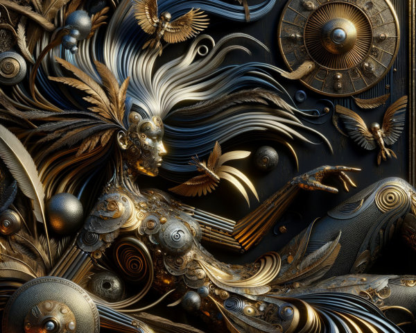 Intricate Design of Metallic Female Figure and Nature