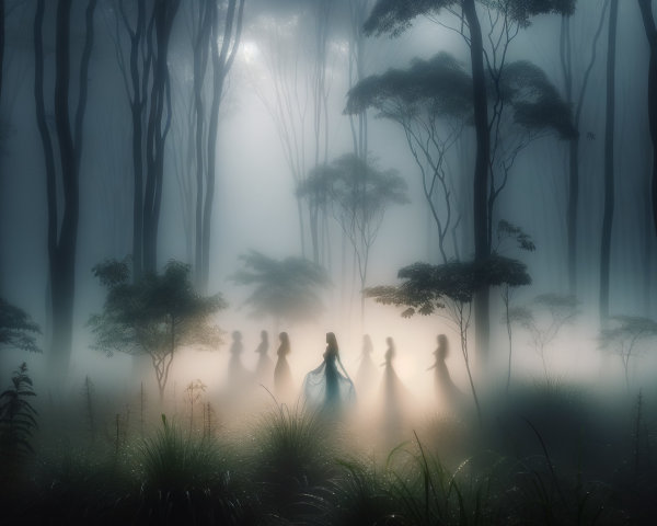 Misty Forest Scene with Glowing Figures and Trees