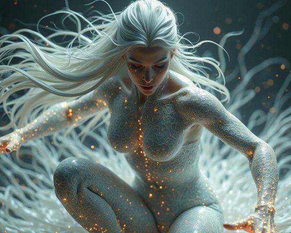 Ethereal Figure with White Hair in Glowing Surroundings