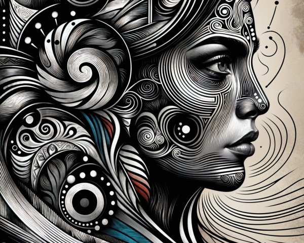 Intricate Black and White Woman's Profile Illustration