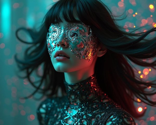 Portrait of a woman with a shimmering mask and elegant attire