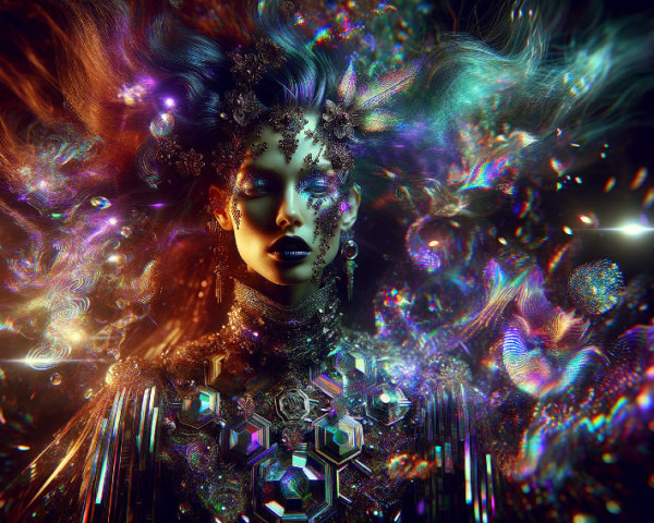 Fantasy Figure with Jewels and Colorful Backdrop