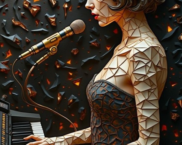 Geometric Woman Playing Keyboard Against Dark Backdrop