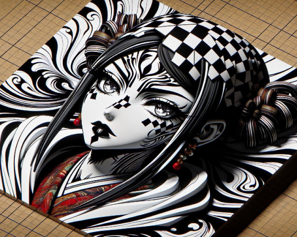 Black and white illustration of a detailed female character