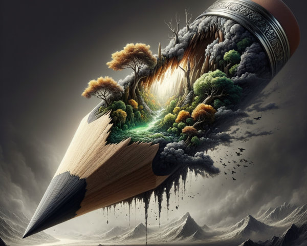 Giant Pencil Revealing Miniature Vibrant Landscape