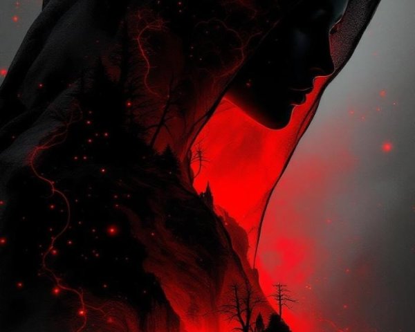 Silhouette in Dark Hood Against Haunting Landscape