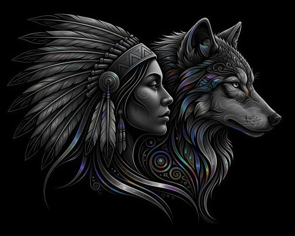 Indigenous Woman and Wolf in Intricate Scrollwork Art