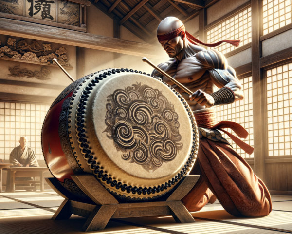 Muscular Figure Kneeling Before Taiko Drum in Dojo