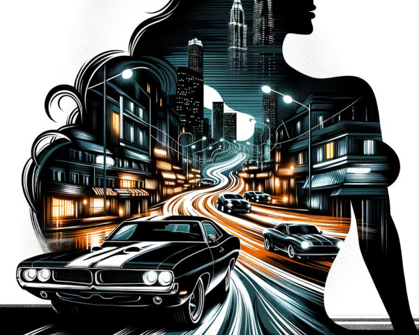 Silhouette of Woman Merging with Cityscape at Night