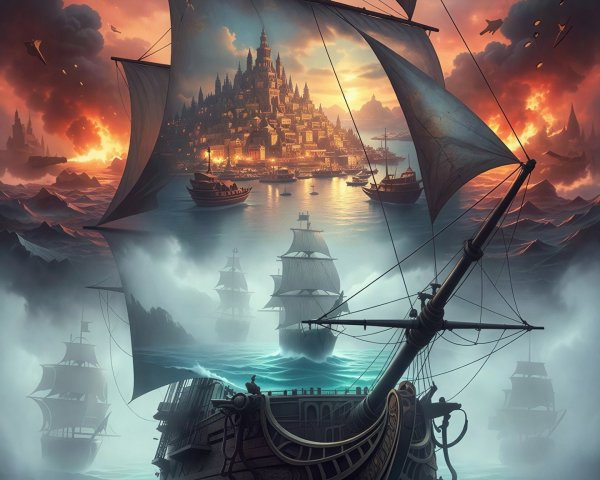 Fantasy Dark Painting of a Ship in Fiery Surroundings