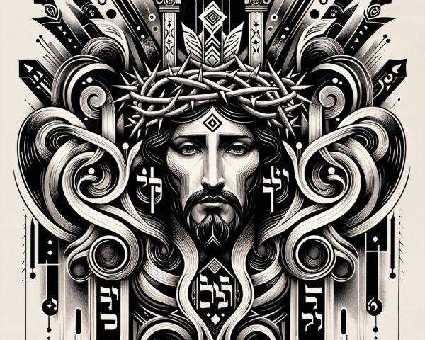 Intricate Black and White Illustration of a Crowned Figure
