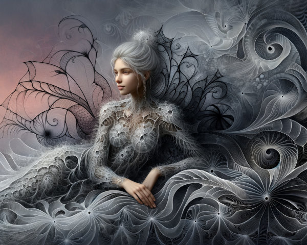 Serene Figure Amidst Intricate Swirling Patterns