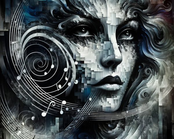 Mystical Face with Patterns and Musical Elements